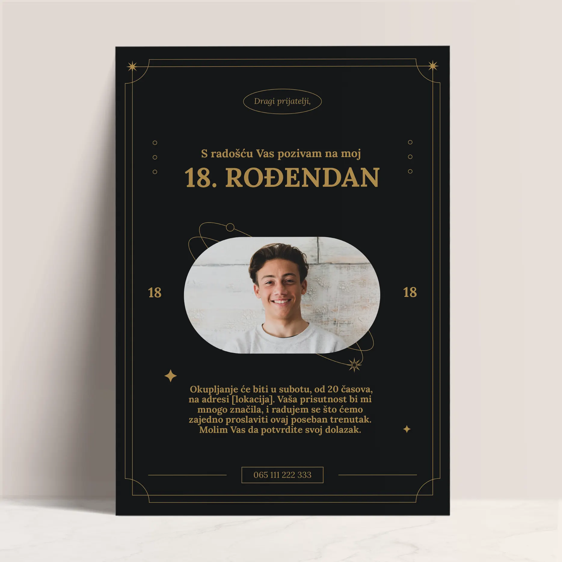 Crna Pozivnica za 18. Rođendan sa Slikom Slavljenika