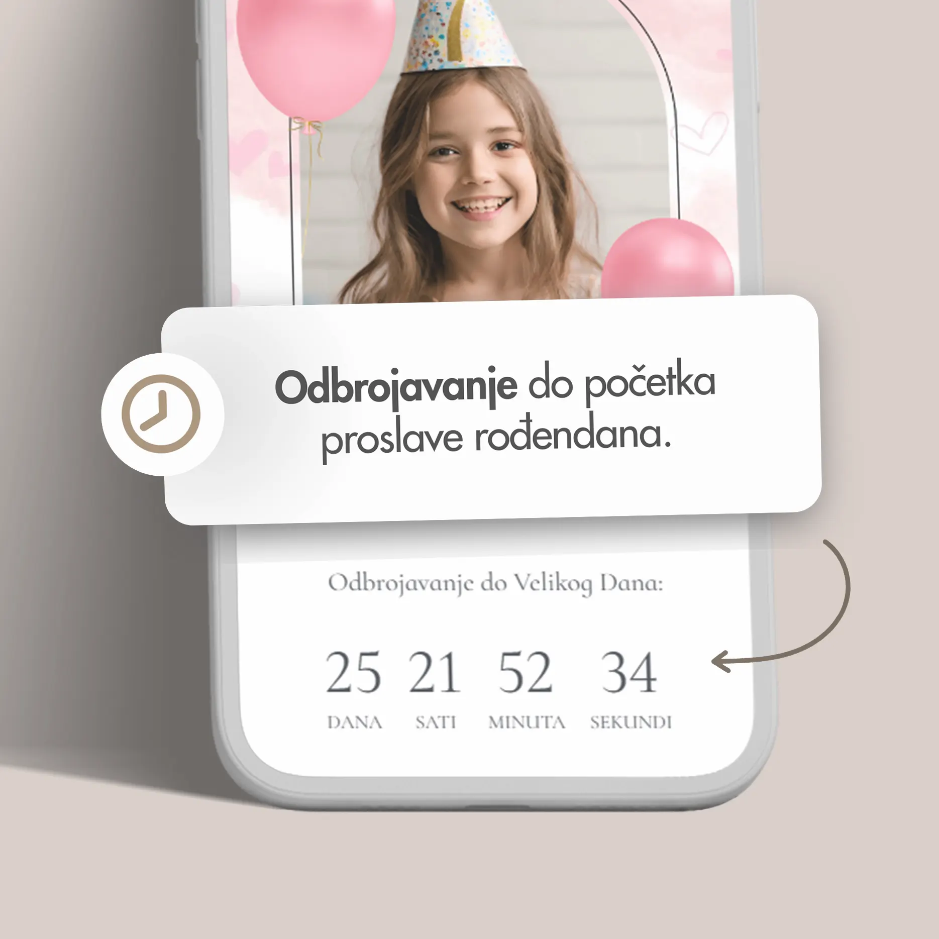 Roze Elektronska Pozivnica za Devojčice sa Slikom Slavljenice