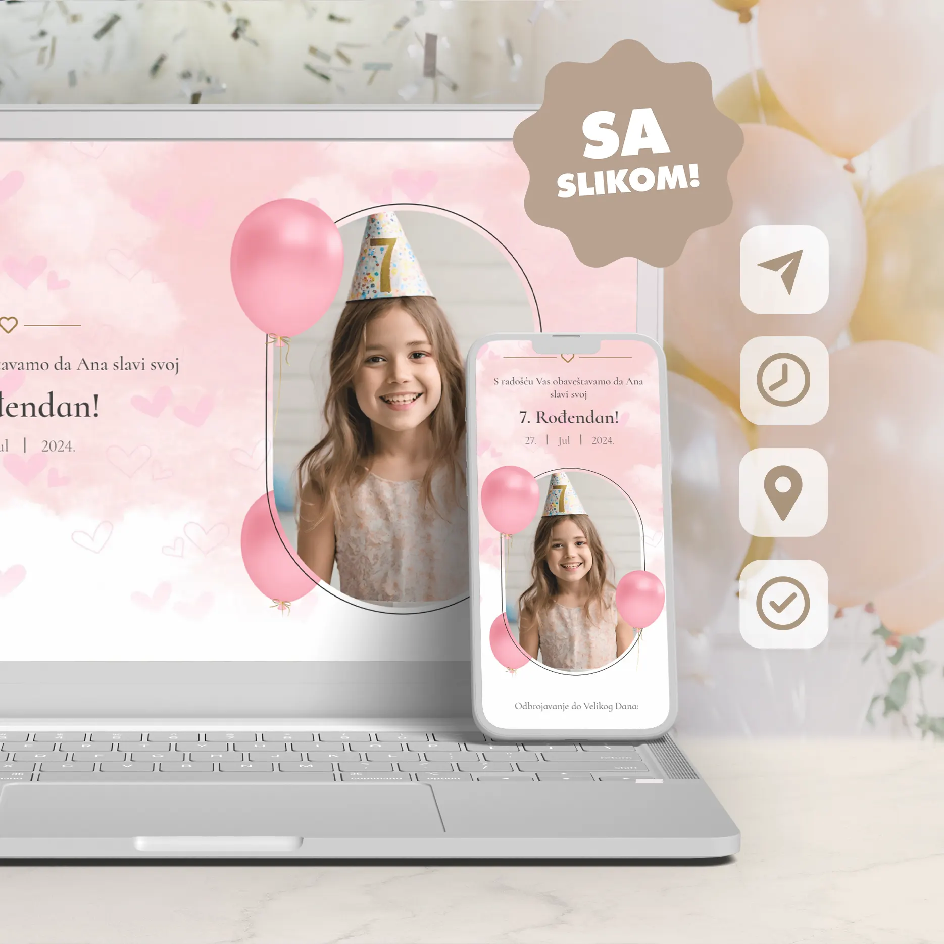 Roze Elektronska Pozivnica za Devojčice sa Slikom Slavljenice