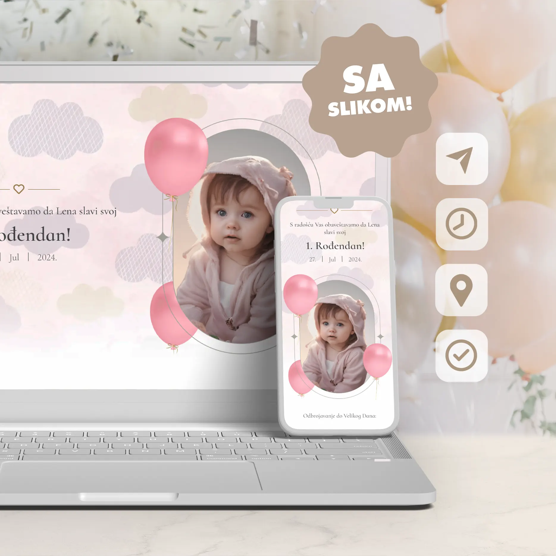 Ženska Elektronska Pozivnica za Prvi Rođendan sa Slikom