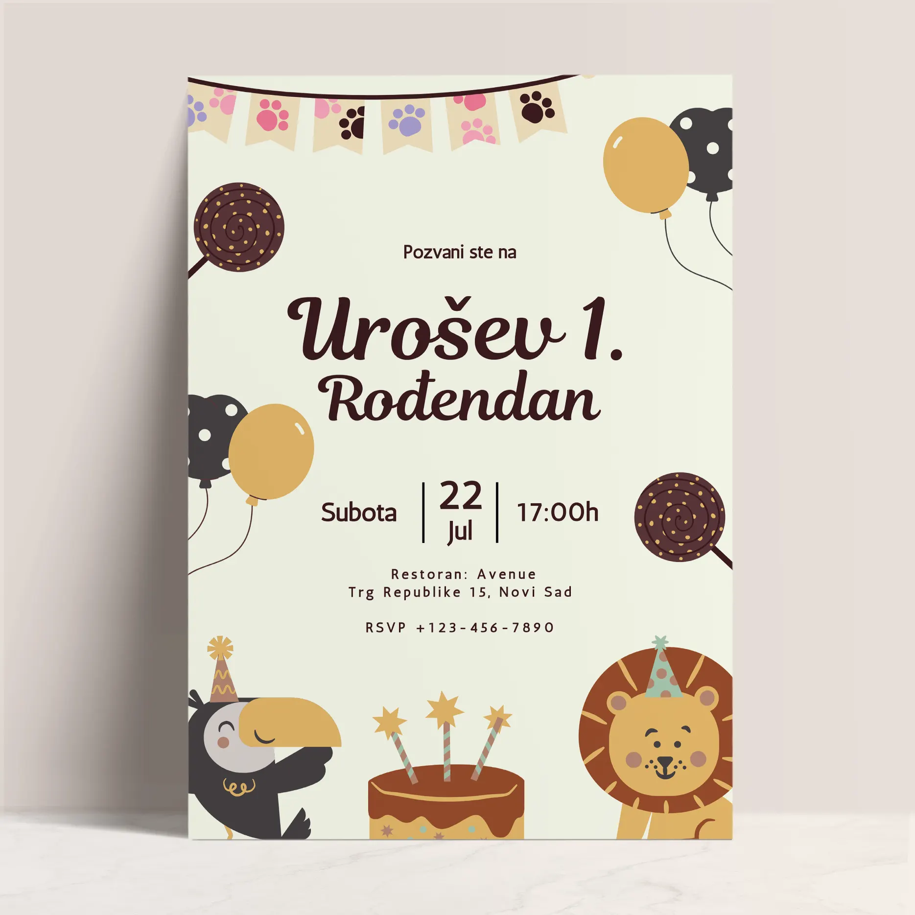 Braon Ilustrativna Pozivnica za Prvi Rođendan