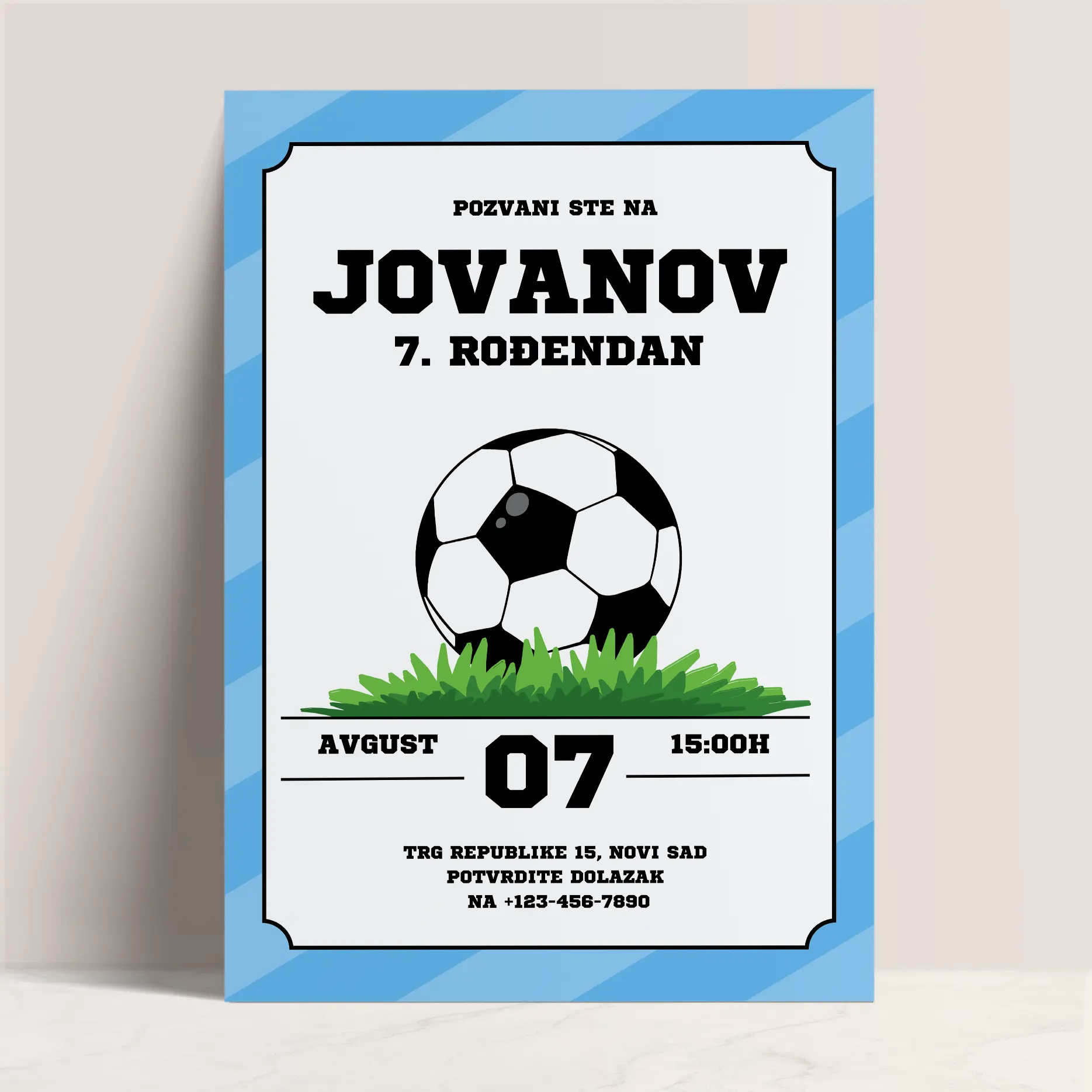 Plava Pozivnica za Dečiji Rođendan sa Fudbalskom Loptom