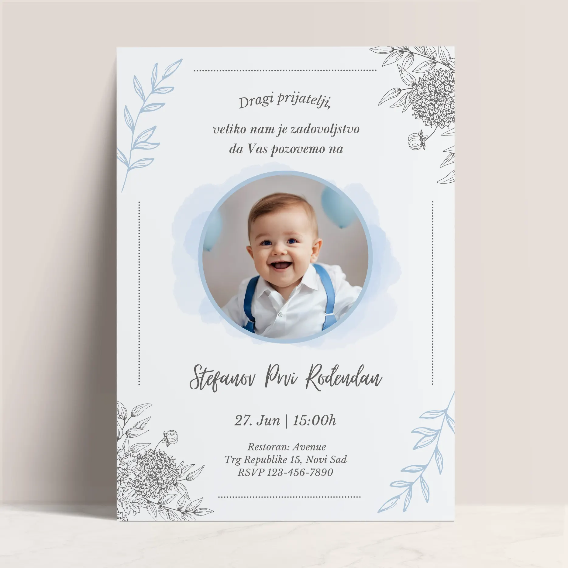 Elegantna Pozivnica za Prvi Rođendan sa Fotografijom Slavljenika