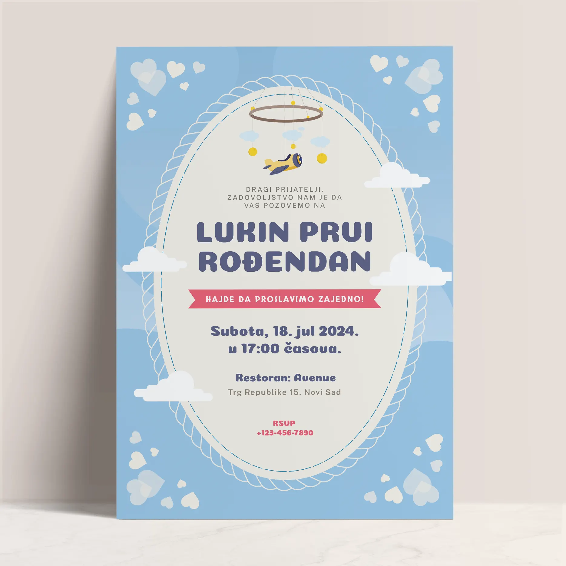 Plava Pozivnica sa Slatkim Aviončićem za Prvi Rodjendan