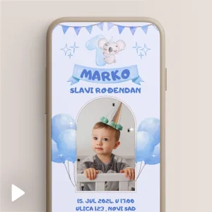 Plava video pozivnica za dečiji rođendan sa slikom slavljenika