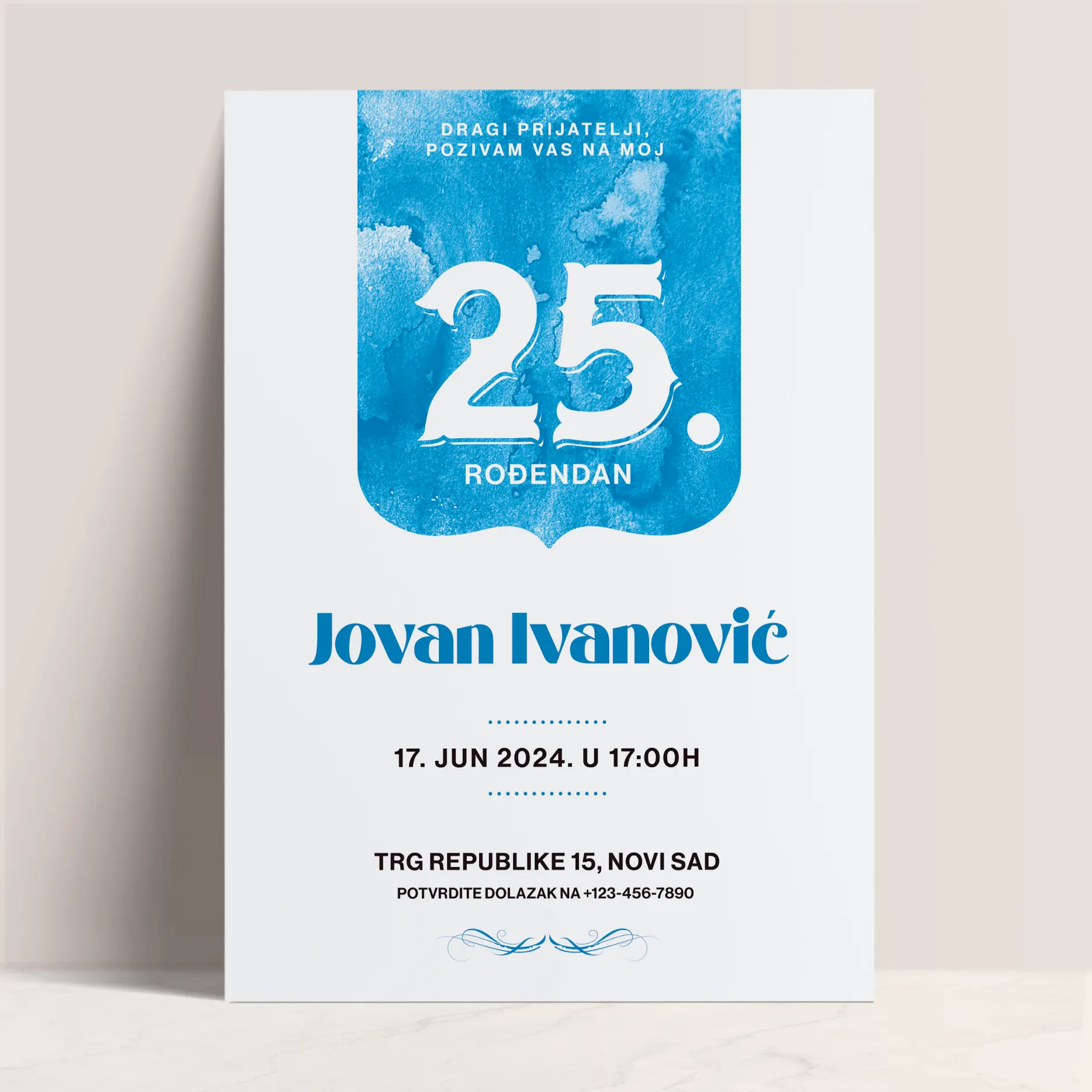 Jednostavna Pozivnica u Plavim i Belim Tonovima za Muški Rođendan