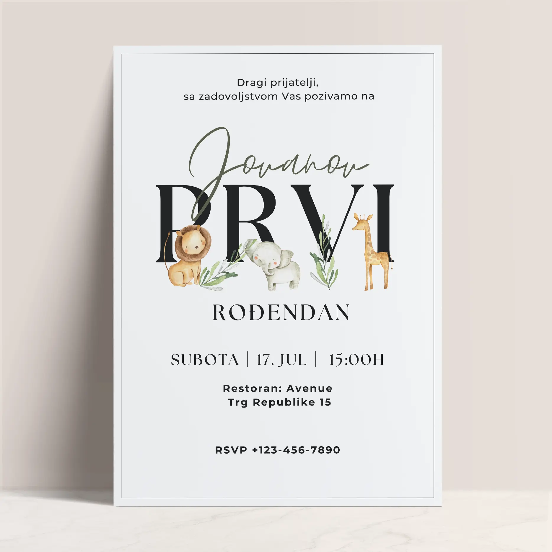 Pozivnica za Prvi Rođendan sa Minimalističkim Dizajnom i Motivima Životinja