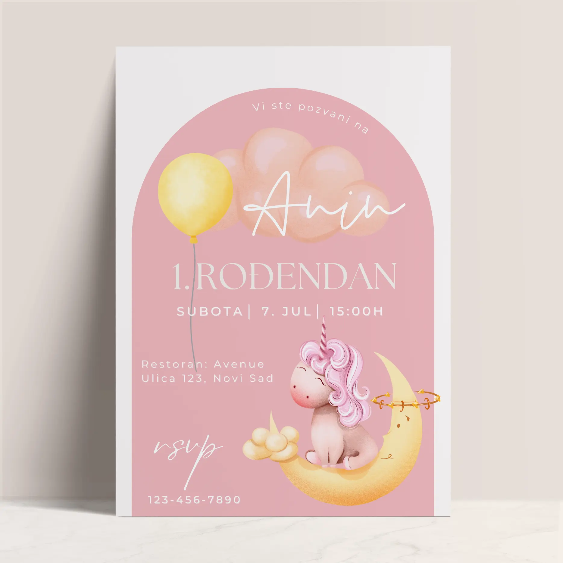 Roza Pozivnica za Prvi Rodjendan sa Jednorogom