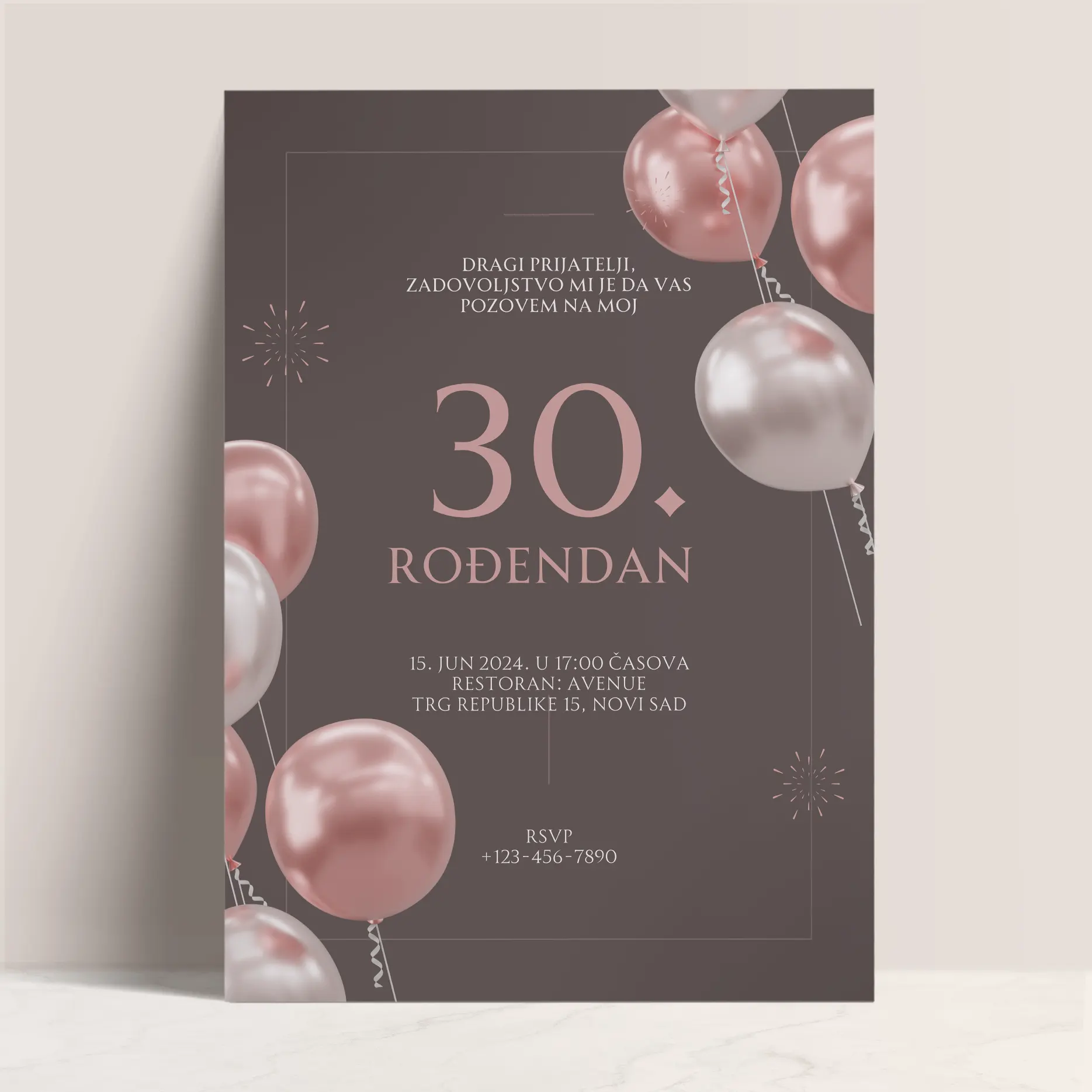 Tamno Siva Pozivnica sa Balonima za Odrasle