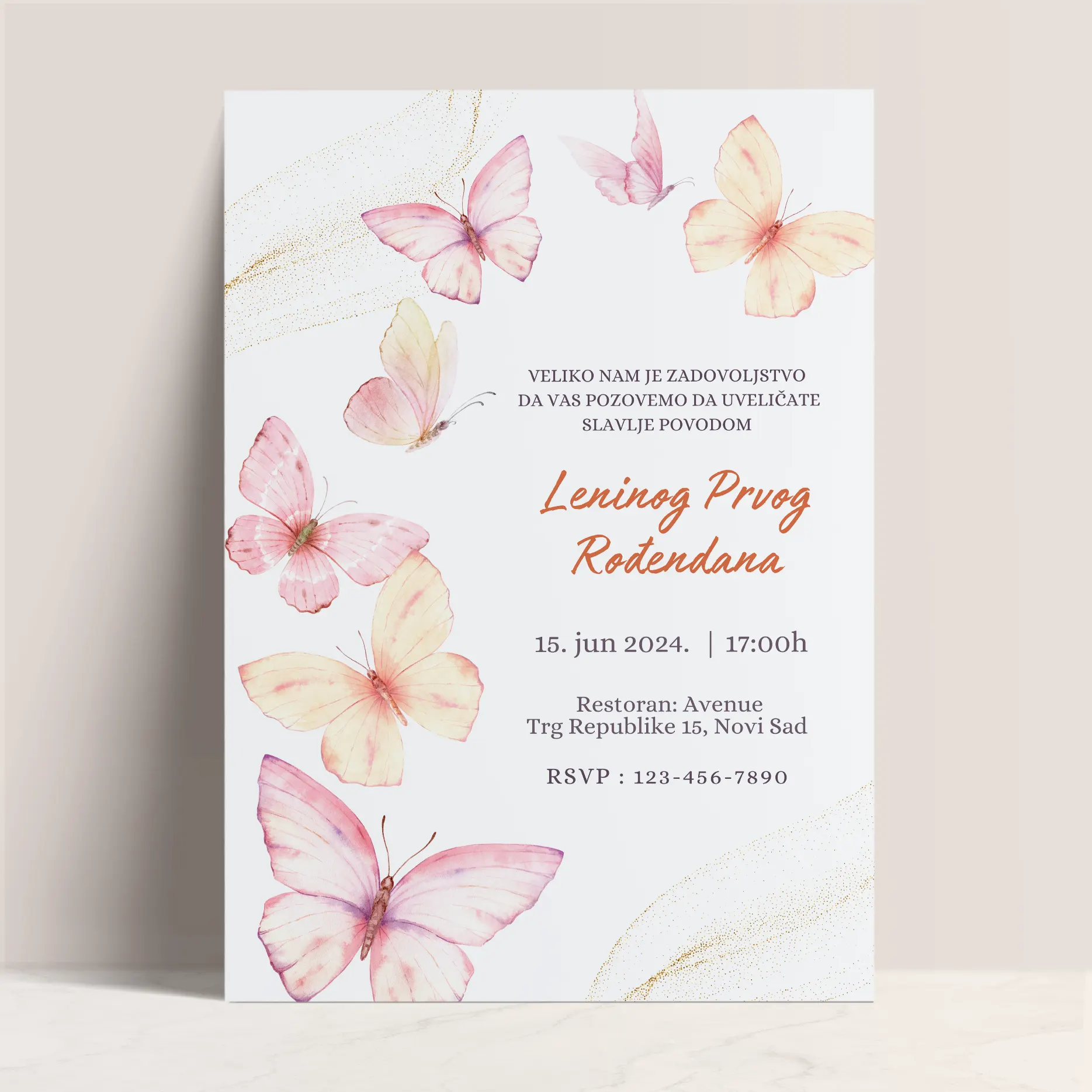 Pozivnica za Prvi Rodjendan sa Ružičastim Leptirima